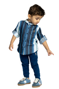 Gusto Newborn Full-Sleeve Denim Chinese Collar Shirt